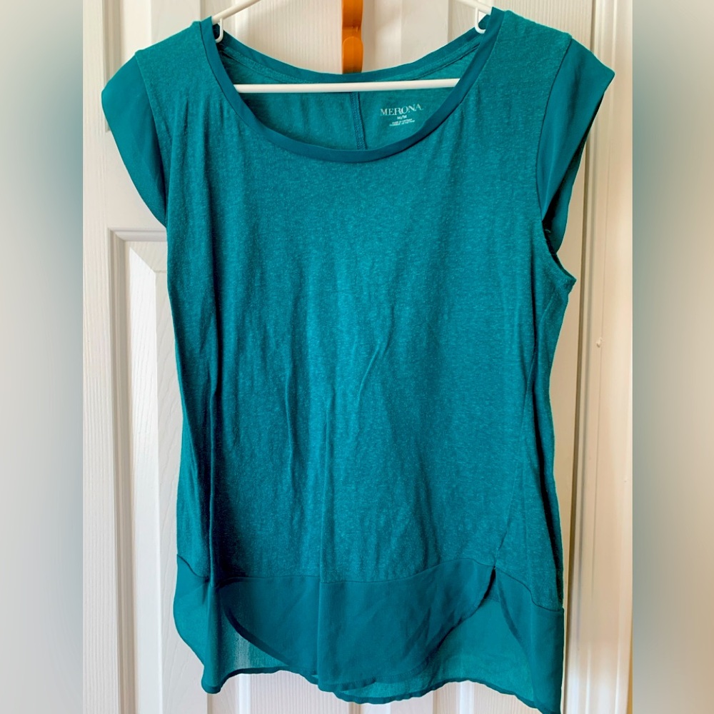 Blue Blouse with Sheer Short Sleeves